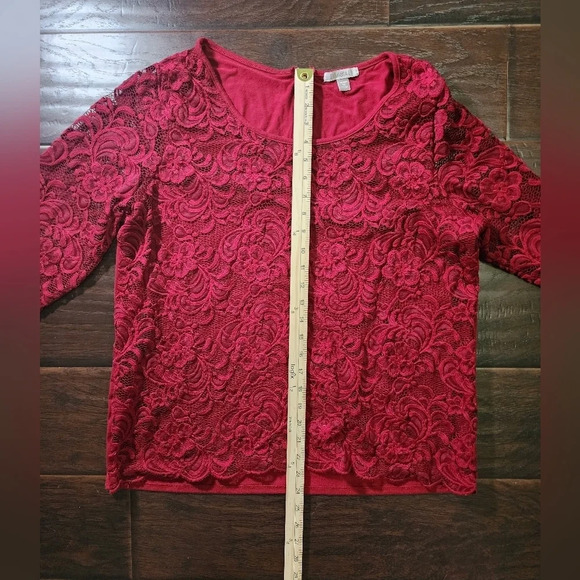 Roz & Ali Womens Lace Floral Red Burgundy Paisley Dressy Blouse - Picture 3 of 9